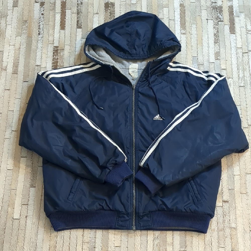 Adidas Vintage 90s Size M Reversible Hooded Bomber Athletic Navy Gray Jacket